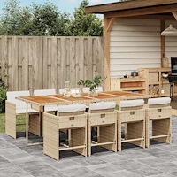 vidaXL Matgrupp för trädgården med dynor 9 delar beige konstrotting