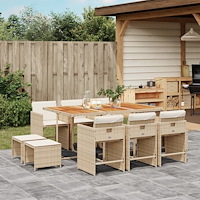 vidaXL Matgrupp för trädgården med dynor 11 delar beige konstrotting