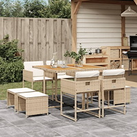 vidaXL Matgrupp för trädgården med dynor 9 delar beige konstrotting