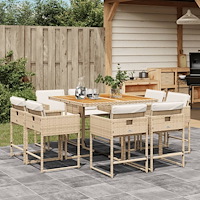 vidaXL Matgrupp för trädgården med dynor 9 delar beige konstrotting