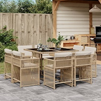 vidaXL Matgrupp för trädgården med dynor 9 delar beige konstrotting