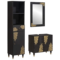 vidaXL Badrumsskåpsset med låda med dörr 3 pcs Svart Massivt mangoträ