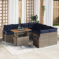 vidaXL Trädgårdsmöbelset med kudde 9 pcs Grå och Marinblå