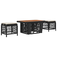 vidaXL Trädgårdsmöbelset med kudde 3 pcs Svart och kräm konstrotting