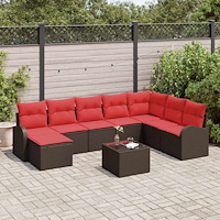 vidaXL Trädgårdsoffset med kudde 9 pcs Brun Poly Rattan
