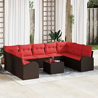 vidaXL Soffset med kudde 10 pcs Brun Poly Rattan