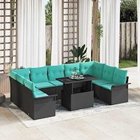 vidaXL Trädgårdsoffset med kudde 10 pcs Svart Poly rattan