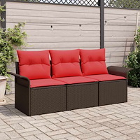 vidaXL Trädgårdsoffset med kudde med lagring 3 pcs Brun Poly rattan