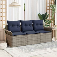 vidaXL Trädgårdsoffset med kudde med lagring 3 pcs Grå Poly rattan