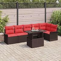 vidaXL Trädgårdsoffset med kudde med lagring 7 pcs Brun Poly rattan