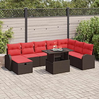 vidaXL Trädgårdsoffset med kudde med lagring 9 pcs Brun Poly rattan