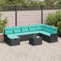 vidaXL Trädgårdsoffset med kudde med lagring 9 pcs Svart Poly rattan