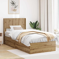 vidaXL Sängram med förvaring och huvudgavel Artisan-ek 90 x 190 cm