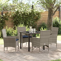vidaXL Bord- och stolset med kudde 5 pcs Grå PE Rattan