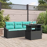 vidaXL Trädgårdsoffset med lagring 5 pcs Svart och blå Poly rattan