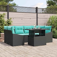 vidaXL Trädgårdsoffset med kudde 7 pcs Svart och blå Poly rattan