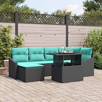 vidaXL Soffset med kudde med lagring 7 pcs Svart och blå Poly rattan