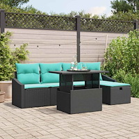 vidaXL Trädgårdsoffset med kudde med lagring 6 pcs Svart Poly rattan