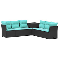 vidaXL Soffset 7 pcs Svart och blå Poly Rattan och stål