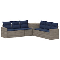 vidaXL Soffset 7 pcs Grå och Marinblå Poly Rattan och stål