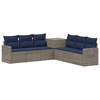 vidaXL Soffset 7 pcs Grå och Marinblå Poly Rattan och stål