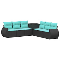 vidaXL Soffset 7 pcs Svart och blå Poly Rattan och stål