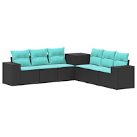 vidaXL Soffset 7 pcs Svart och blå Poly Rattan och stål