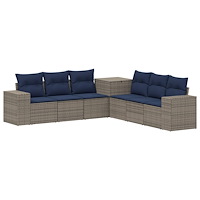 vidaXL Soffset 7 pcs Grå och Marinblå Poly Rattan och stål