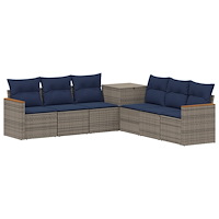 vidaXL Soffset 7 pcs Grå och Marinblå Poly Rattan och stål