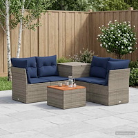 vidaXL Soffset 6 st Grå och Marinblå Poly Rattan och stål
