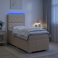vidaXL LED sängram med madrass med huvudgavel Gräddvit 90 x 200 cm Tyg