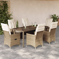 vidaXL Matgrupp för trädgården med dynor 7 delar beige konstrotting