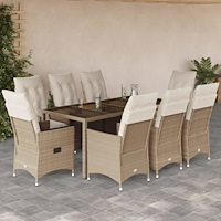 vidaXL Matgrupp för trädgården med dynor 9 delar beige konstrotting