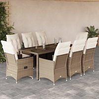 vidaXL Matgrupp för trädgården med dynor 9 delar beige konstrotting