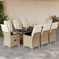 vidaXL Matgrupp för trädgården med dynor 9 delar beige konstrotting