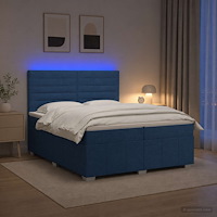 vidaXL LED sängram med madrass med huvudgavel Blå 200 x 200 cm Tyg