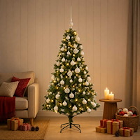 vidaXL Konstgjord julgran med kulor 150 cm 150 LED-lampor Varmvit