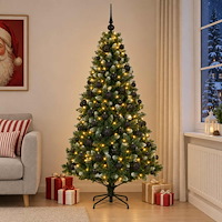 vidaXL Konstgjord julgran med kulor 210 cm 300 LED-lampor Varmvit