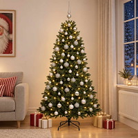 vidaXL Konstgjord julgran med kulor 210 cm 300 LED-lampor Varmvit