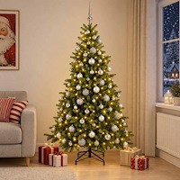 vidaXL Konstgjord julgran med julkulor 210 cm 300 LED-lampor Varmvit