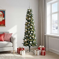 vidaXL Konstgjord smal julgran med julgranskulor 210 cm 300 LED-lampor
