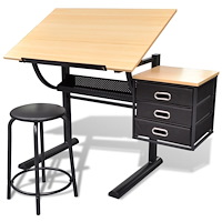 vidaXL Vinklingsbart ritbord med 3 lådor och 1 pall
