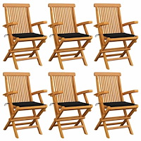 vidaXL Trädgårdsstolar med svarta dynor 6 st massiv teak