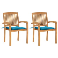 vidaXL Trädgårdsstolar 2 st med blå dynor massivt teakträ