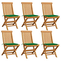 vidaXL Trädgårdsstolar med gröna dynor 6 st massiv teak
