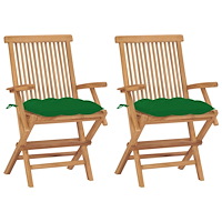 vidaXL Trädgårdsstolar med gröna dynor 2 st massivt teakträ