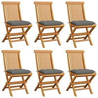vidaXL Trädgårdsstolar 6 st med gråa dynor massiv teak