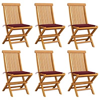 vidaXL Trädgårdsstolar med vinröda dynor 6 st massiv teak