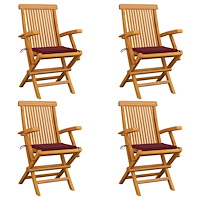 vidaXL Trädgårdsstolar med vinröda dynor 4 st massiv teak