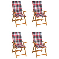 vidaXL Trädgårdsstolar rödrutiga dynor 4 st massiv teak